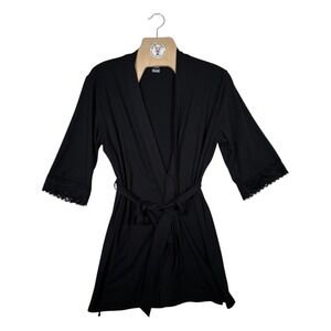 Linea Donatella Black Lace Trim Wrap Robe Women's M Stretch Loungewear